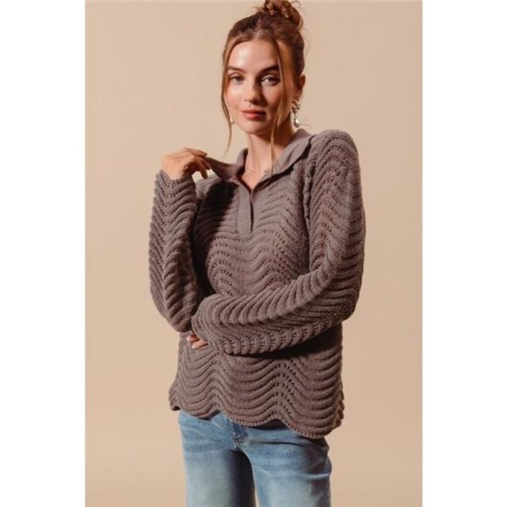 SO ME Notched Collar Wavy Texture Sweater Top‎